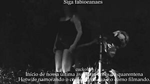 married woman shows off on street with cuckold voyeur filming