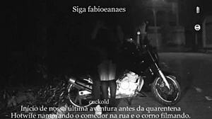 married woman shows off on street with cuckold voyeur filming