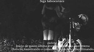 married woman shows off on street with cuckold voyeur filming