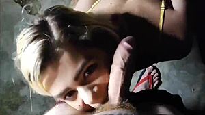 In abandoned backyard, she deepthroats my cock, spits, and takes cum in mouth passionately