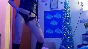 sexy amateur does striptease on webcam, ripping clothes while masturbating