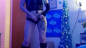 sexy amateur does striptease on webcam, ripping clothes while masturbating