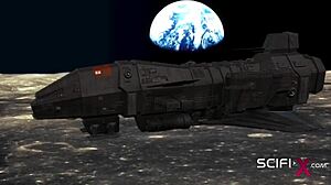 Горячая похотливая девушка трахается с 3D футанари в космическом корабле