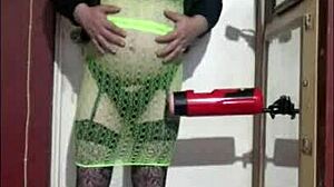 A shy crossdresser rubs one out with following instructions: a masturbation machine
