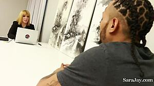 busty sara jay bends over to suck and ride hard cock for cash in heels