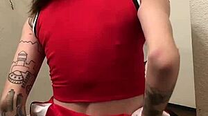 Sexy transsexual bent over in miniskirt, ready for intense doggystyle mounting