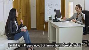 Female agent licks tanned slim model during interview