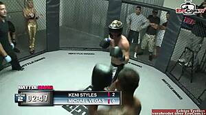 Skinny ebony babe with small 18+ tits fucks in the boxing ring