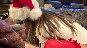 Masked cutie in stockings delivers intense cocksucking and riding during holiday