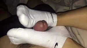 female colleague in white socks gives footjob and cums on foot 😏