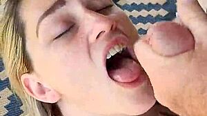 blonde hotwife feels excited giving blowjob and receiving facial