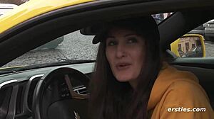 Milena's Shaved Pussy Exposed In Yellow Camaro On Highway