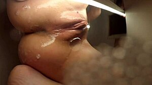 she washes and shaves her pussy in close-up outdoor action