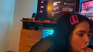 Asian girl in lingerie with big tits tattoo gives blowjob to big cock 😘