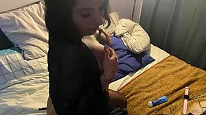 Asian girl in lingerie with big tits tattoo gives blowjob to big cock 😘