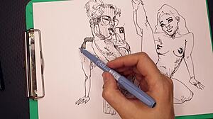 Porn artist at work drawing sexy girls