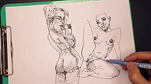 Porn artist at work drawing sexy girls