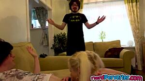 Blonde stunner in casting gives blowjobs to two nerds in group scene