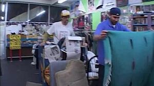 Naughty asian babe fucks hardcore threesome in videoshop