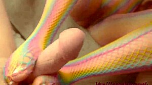sexy blonde babe gives footjob while masturbating in fishnets 😘