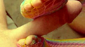 sexy blonde babe gives footjob while masturbating in fishnets 😘