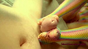 sexy blonde babe gives footjob while masturbating in fishnets 😘