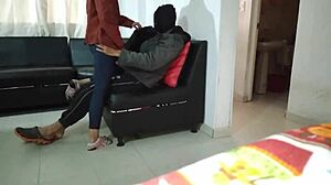 Masked latina neighbor gives oral in the living room