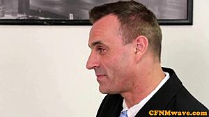 Office babes in glasses suck cocks in a group femdom session