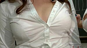 Busty milf professor dominates young student with whips. She ties him up for total control.