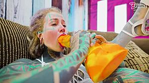 Cute Tattooed Girl Gaping Asshole with Big Anal Toy
