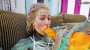 Cute Tattooed Girl Gaping Asshole with Big Anal Toy