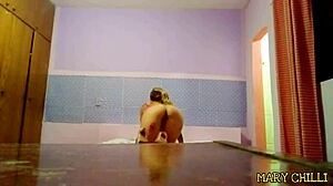 Wife mary chilli performs naughty striptease on webcam while husband works