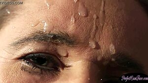 Brunette British Slag Sucks Cock and Gets Facial Cum on Halloween