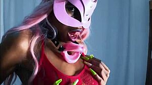 Tropicalpussy teases in red high heels with alluring ebony features.