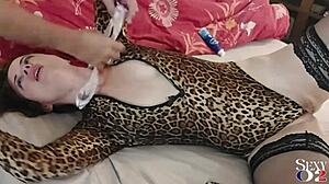 blonde milf in leopard bodysuit gets pounded pov style