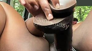 Amateur stretches pussy in car