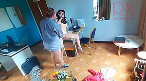 office boss dominates, fucks nude secretary in mouth, cums on face