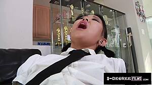 Nerdy small-titted Asian in uniform slammed hard with spanking