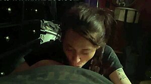 Petite brunette teen gives deepthroat blowjob