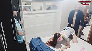 Wife Blindfolded in Prank as Friend Enters During Sex from Closet