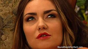 Busty lesbian madame masturbates watching slaves