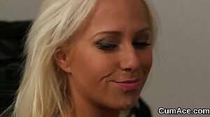 Slutty beauty takes cumshots on face, sucking every last drop