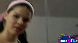 Hot brunette fingering her pussy close-up with dildo, licking and orgasming.