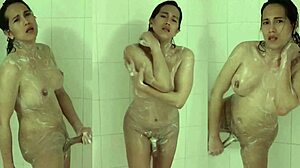 Hot shemale masturbates with soap in shower