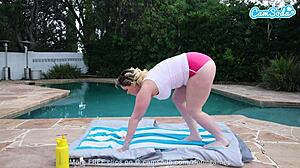 Why is this blonde hot milf oiling her big tits and masturbating by the pool? Want to watch her hairy pussy orgasm?