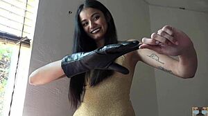 Old woman in gold leotard solo