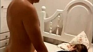 Petite latina enjoys doggystyle blowjobs in front of her husband.