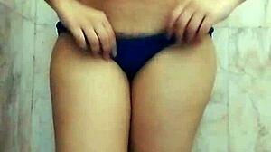 Desi girl with big natural tits and ass fingers in bathroom with Hindi talk.