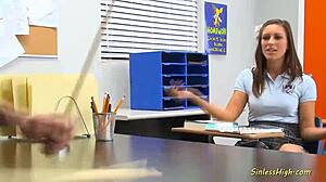 the slutty brunette babe with shaved pussy seduces her teacher