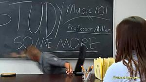 the slutty brunette babe with shaved pussy seduces her teacher